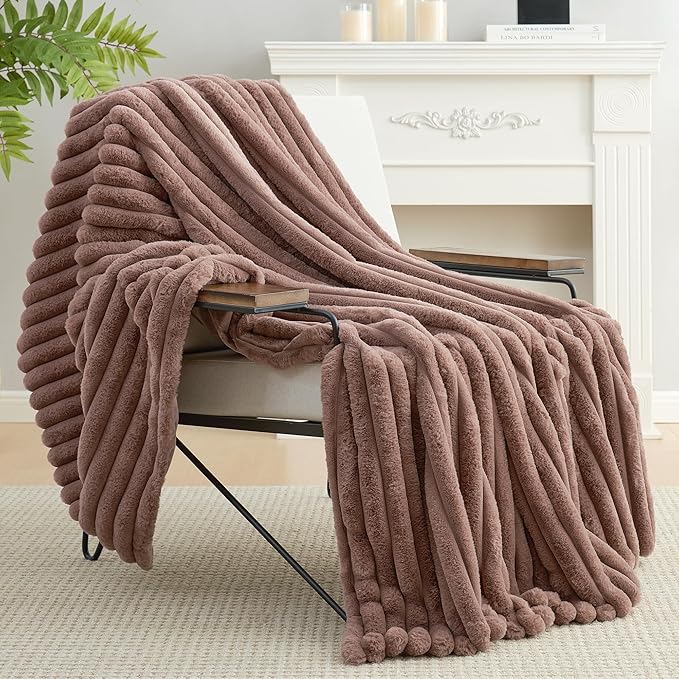 Amélie Home Faux Fur Throw Blanket for Couch, Cozy Fuzzy Fluffy Fur Luxurious Soft Striped Plush Gift Blankets for Family Sofa Chair Bed Living Room Bedroom, 55"x70", Light Coffee-Ruum Studio Home