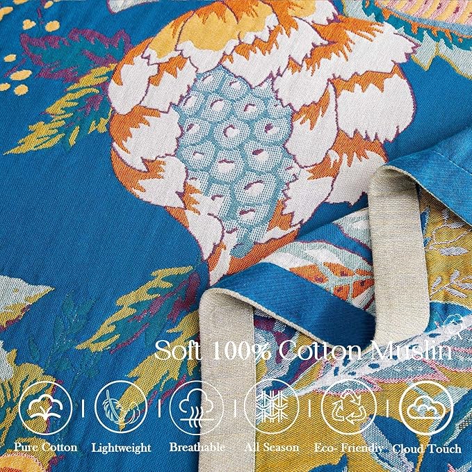 Boho Throw Blanket, Blue Lightweight Blankets for Summer, 100% Cotton Bohemian Decorative Throw Blanket, 50"x60" Reversible Muslin Breathable Woven Farmhouse Blankets Quilt,-Ruum Studio Home