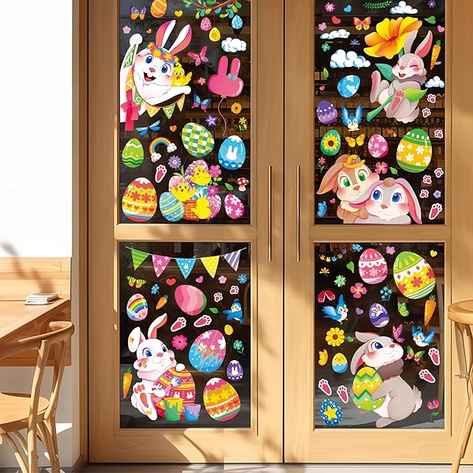 Large Easter Window Clings - Bunny Window Stickers Decals for Glass Windows, Cute Easter Egg Double Sided Reusable Window Holiday Decorations, Bird Office Spring Patry Decor, 9Sheet/121PCS-Ruum Studio Home