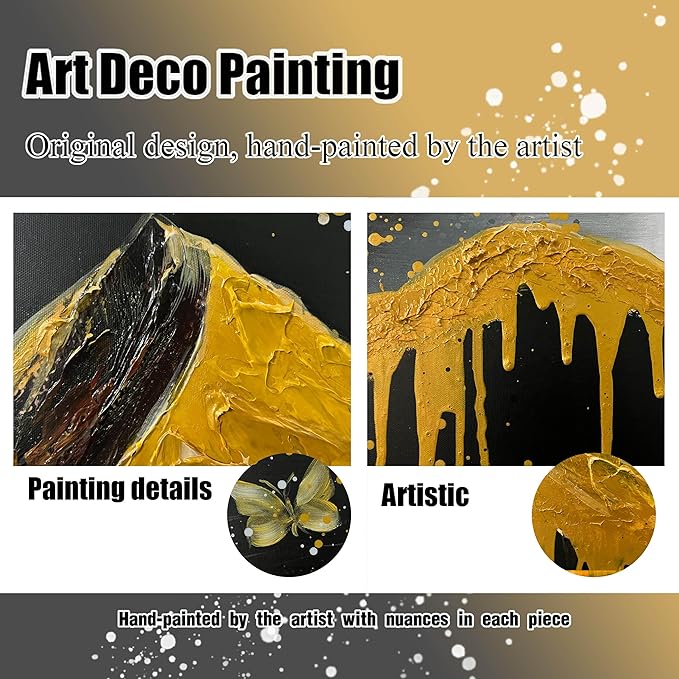 Gold Mountains Painted Wall Art for Living Room - Hand Painted Abstract Wall Art for Office - Black Framed Wall Art for Bedroom Size 29" x 59"-Ruum Studio Home