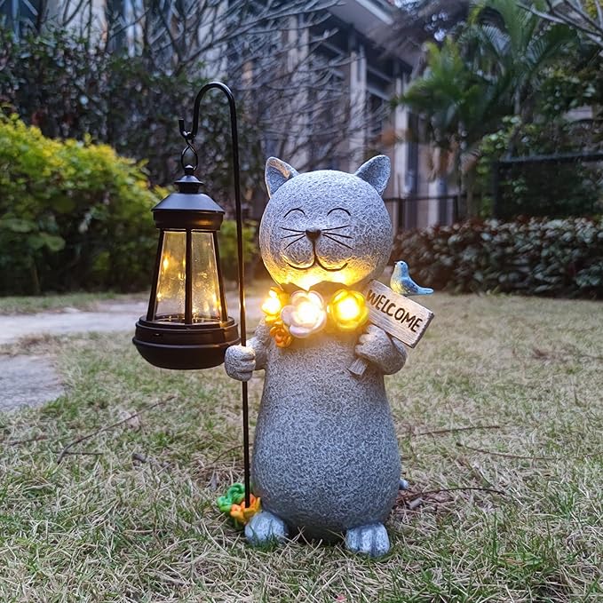 Solar Cat Garden Statues Outdoor Décor with Lantern- Cat Figurines Solar LED Light Lawn Ornaments - Yard Decorations for Patio, Balcony, Backyard -Unique House Warming Gifts for Mom-Ruum Studio Home