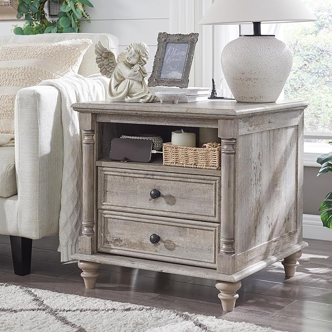 T4TREAM 24'' Farmhouse End Table w/4 Solid Wood Feet, Large 2 Drawers Wide Sofa Side Table with Charging Station, Tall Rustic Wood Square Nightstand for Living Room, Bedroom, Office, Light Rustic Oak-Ruum Studio Home