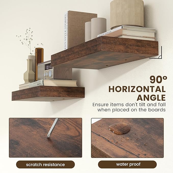 Deep Floating Shelves, 12 Inch Deep Rustic Floating Shelves Set of 2, 24 Inch Large Wall Mounted Wood Shelves for Books Laundry Room Living Room Bedroom Kitchen Home Office - Rustic Brown-Ruum Studio Home