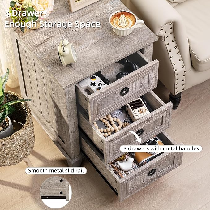 Farmhouse Night Stand Set of 2, 18" End Table with 3 Drawer Metal Handle, Dresser for Bedroom, Sofa Bed Side Table Chest of Drawers,Wood Nightstand Cabinet for Organizer, Living Room-Oak-Ruum Studio Home