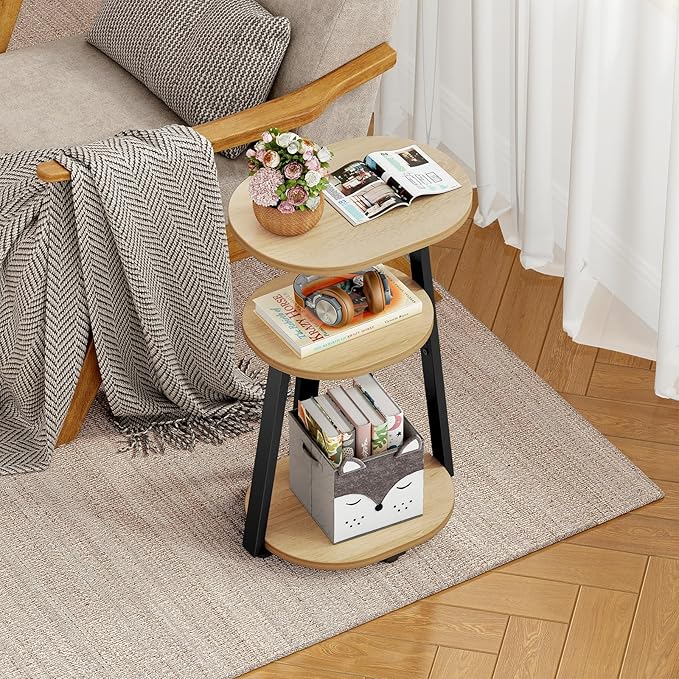 Side Table, Small End Table with Metal Frame, 3-Tier Bedside Tables, Round Side Tables for Living Room Bedroom Couch Bathroom, Oval, Modern Oak-Ruum Studio Home