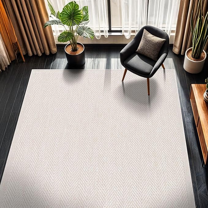 CAMILSON Easy Jute Rug 4x6, Indoor Outdoor Off-White Color Fiber Area Rugs for Living Room Patio and Kitchen Rug Herringbone Seagrass Woven Design Easy-Cleaning Washable Outside Carpet Alfombras 4 x 6-Ruum Studio Home