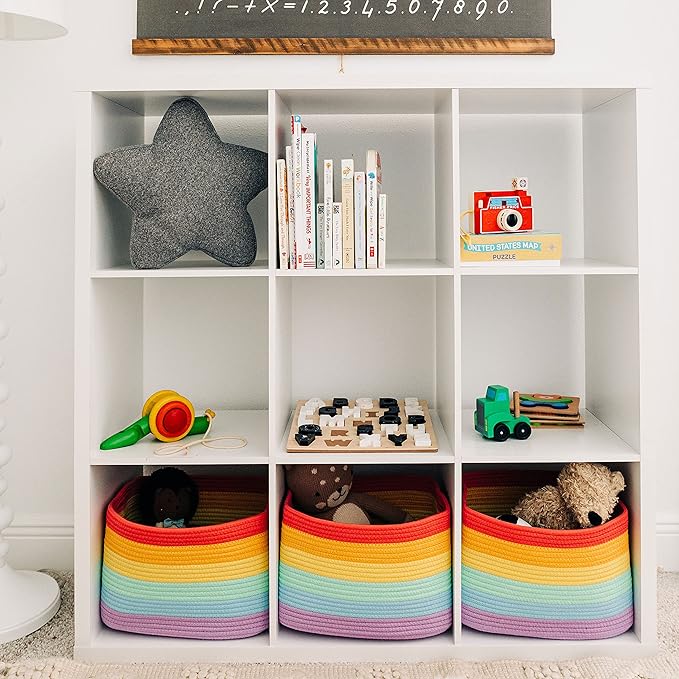 OrganiHaus Set of 3 Rainbow Woven Storage Baskets for Organizing, Cotton Rope Organizer Bins for Shelves, Closet & Nursery, Dog Toy Basket, Decorative Bins for Toys, Towels & Books - 15x10x9-Ruum Studio Home