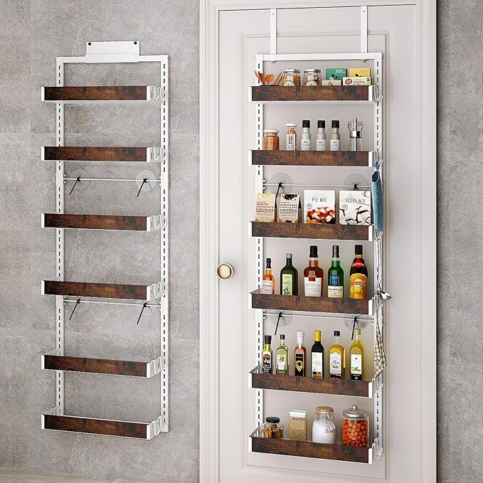bukfen Over the Door Pantry Organizer, 6-Tier Adjustable Wooden Basket Kitchen Pantry Door Organization and Storage, Heavy-Duty Metal Hanging Kitchen Spice Rack,D6.3 x W17.71 x H50.60 inch,White-Ruum Studio Home
