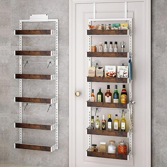 bukfen Over the Door Pantry Organizer, 6-Tier Adjustable Wooden Basket Kitchen Pantry Door Organization and Storage, Heavy-Duty Metal Hanging Kitchen Spice Rack,D6.3 x W17.71 x H50.60 inch,White-Ruum Studio Home