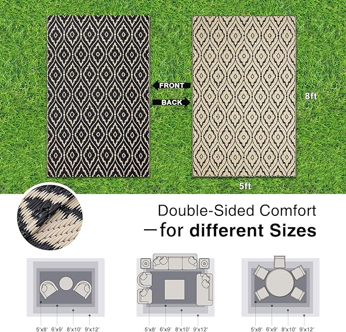 OLANLY Outdoor Rug 5x8 ft Waterproof, Outdoor Plastic Straw Rug with Geometric Pattern Clearance, Reversible RV Mat for Patio, Camping, Balcony, Deck, Backyard, Black & Beige-Ruum Studio Home