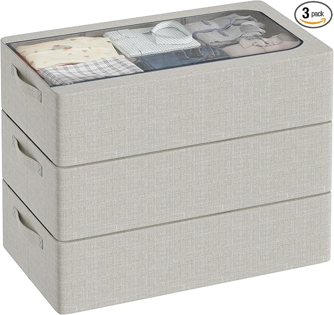 3PCS Under Bed Storage Bins with Metal Frame, Linen Fabric Frame Storage Box Clothes Organizer Bins, Underbed Container with Clear Window (Light Grey, 23.6 x 13 x 6IN)-Ruum Studio Home