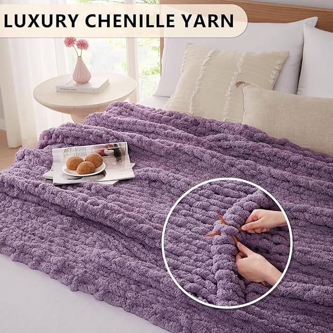 L'AGRATY Chunky Knit Blanket Throw: 60''x80'' Chenille Chunky Knitted Throw Blanket for Bed Couch - Handmade Thick Big Cable Knit Blanket - Large Crochet Rope Blanket for Home Decor(Deep Purple)-Ruum Studio Home