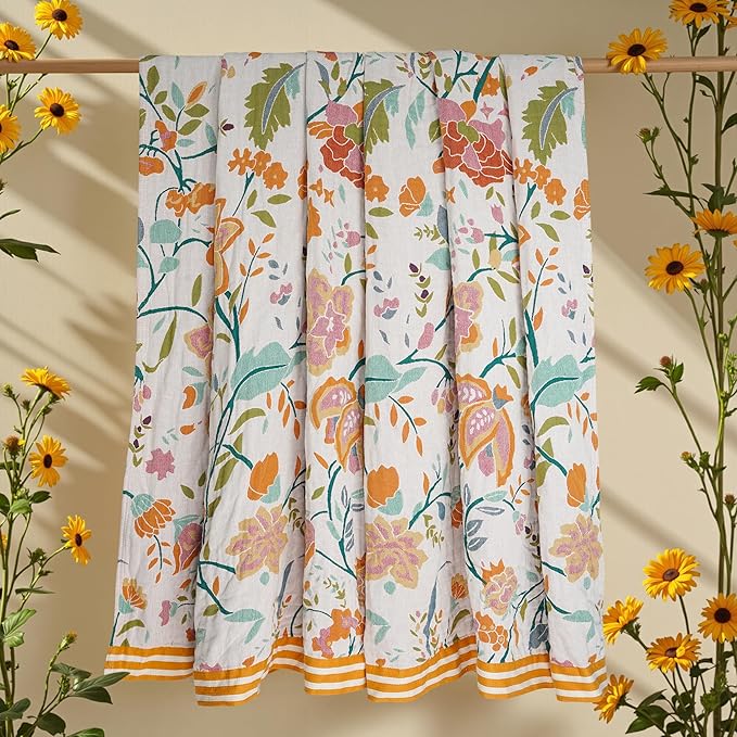 Boho Throw Blanket, 100% Organic Cotton Breathable Ultra Soft 80" x 90" Bed Quilt Throw - All Season Floral Rustic Farmhouse Decor Luxury Reversible Blanket for Sofa Couch Chair and Gift-Ruum Studio Home