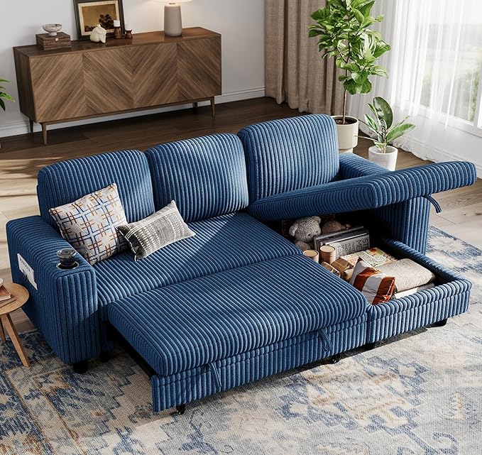 LINSY HOME Sectional Sleeper Sofa with Pull Out Couch Bed - Convertible Plush Corduroy Cloud Couch with Storage Chaise & USB Charging, Comfy L Shaped Modular Couches for Living Room Apartment, Blue-Ruum Studio Home
