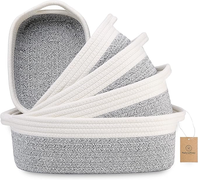 NaturalCozy 5-Piece Rectangle Storage Basket Set- Natural Cotton Rope Woven Baskets for Organizing! Small Basket for Montessori, Baby Nursery, Dog Toy Baskets, Cat Toy Box, Bathroom Organization Bin-Ruum Studio Home