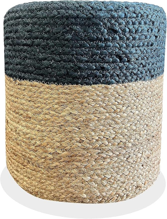 Jute Pouf Ottoman | Footrest Pouf | Hand Braided - Round Boho Pouffe - for Living Room, Bedroom, Nursery (16"x16"x16") Navy-Ruum Studio Home