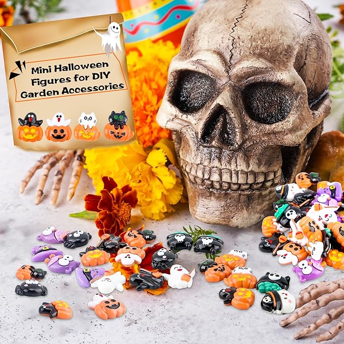 65 Pcs Mini Halloween Figurines Bulk Miniatures Resin Pumpkin Ghost Candy Hat Halloween Garden DIY Accessories for Halloween Decoration Goodie Bags Stuffers, 10 Styles-Ruum Studio Home