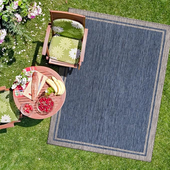 CAMILSON Outdoor Rug, 8x10 Bordered Navy Blue Gray Modern Area Rugs for Indoor and Outdoor Patios, Porches Waterproof Washable Porch Deck Outside Carpet (Bordered Navy, 8 x 10)-Ruum Studio Home