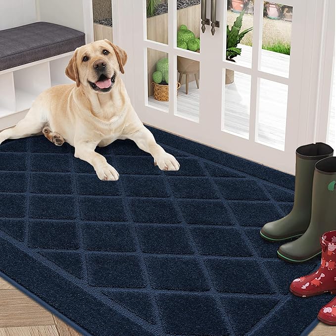 BEQHAUSE Dirt Trapper Door Mat 36" x 60", Doormat Non-Slip Entryway Rugs Washable, Dog Door Mat Stain Resistant and Absorbent Welcome Floor Mat for Front Back Door, Muddy Wet Shoes & Paws, Navy Blue-Ruum Studio Home