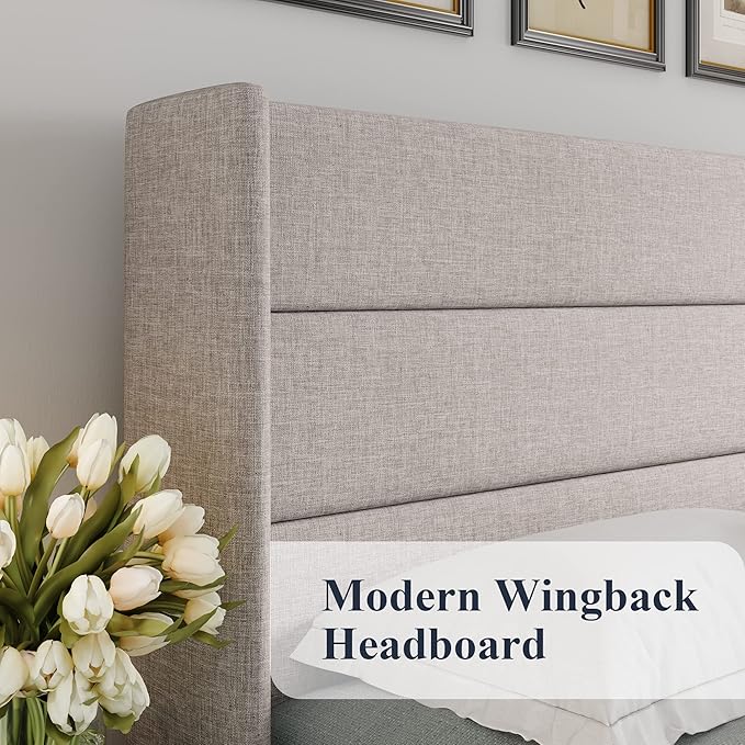 Allewie Queen Size Lift Up Storage Bed, Modern Wingback Headboard, Hydraulic Support, No Box Spring Needed, Light Beige-Ruum Studio Home