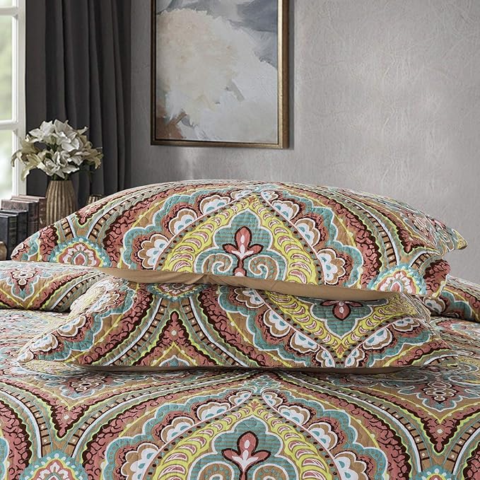 NEWLAKE Cotton Bedspread Quilt Sets-Reversible Patchwork Coverlet Set, European Paisley Blossom Pattern, King Size-Ruum Studio Home