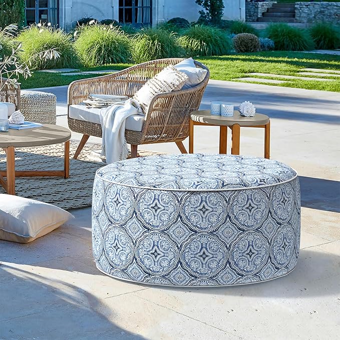 LVTXIII Outdoor Inflatable Ottoman, Fade-Resistant Round Footrest Stool D31”x H14”, Portable Patio Pouf for Garden Camping or Home Use, Medallion Blue-Ruum Studio Home