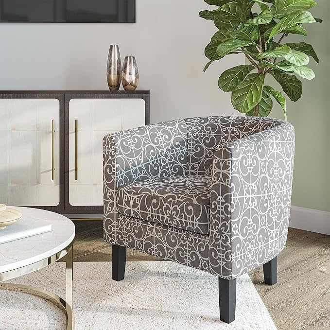 BELLEZE Accent Barrel Chair, Linen Round Chair Club Tub Sofa Corner Chair with Flared Legs and Cozy Soft Padding for Living Room Bedroom Waiting Room - White & Gray-Ruum Studio Home