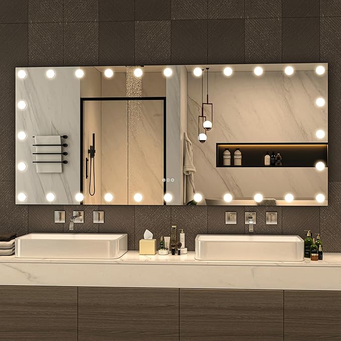 Hasipu LED Bathroom Mirror with Lights, 71" x 32" Hollywood Wall-Mounted Bathroom Mirror with 28 Dimmable Bulbs, 3 Colors Modes, Touch Control, Anti-Fog, Memory Function, Shatter-Proof, ETL Listed-Ruum Studio Home