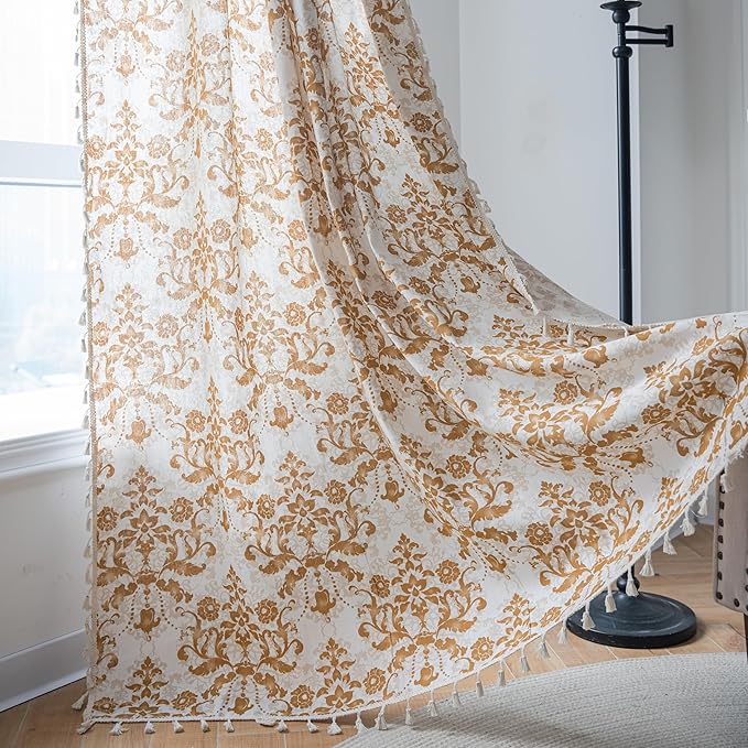 Sutuo Home Boho Curtains 84 Inches Length for Bedroom Living Room, Printed Moroccan Cotton Linen Rod Pocket Rustic Farmhouse Bohemian Tassels Window Treatment, 1 Panel 59" W x 84" L, Brown Damask-Ruum Studio Home