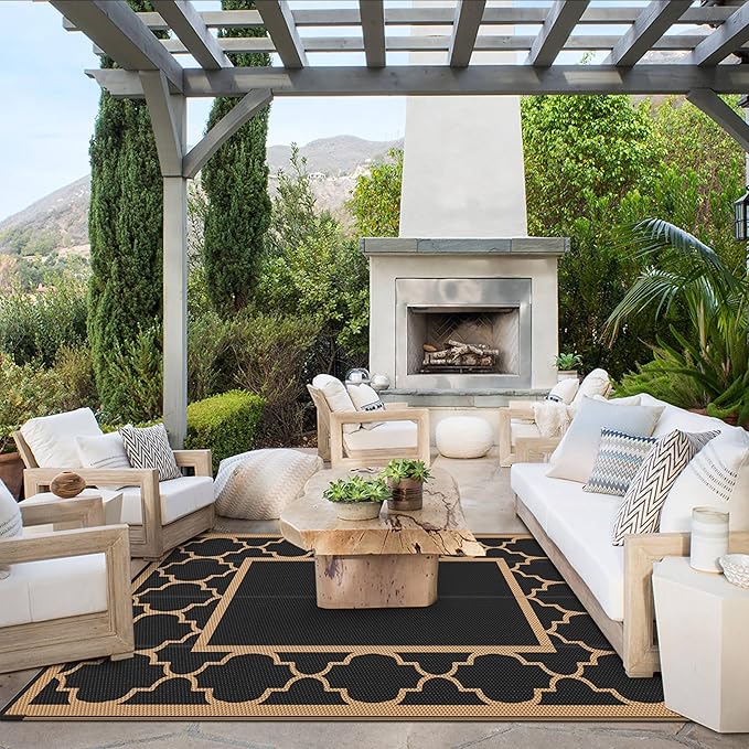 GENIMO 4 ' x 6 ' Outdoor Rug for Patio Clearance, Waterproof Indoor Outdoor Plastic Straw Rugs Carpet, Reversible Outside Area Rv Mat for Camping, Balcony Porch, Deck, Picnic, Beach (Black & Brown)-Ruum Studio Home