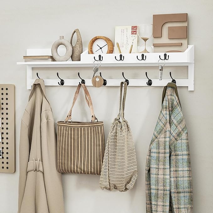 AMBIRD 35 inch Coat Rack Wall Mount, Extra Long Coat Hooks Wall Mount, Entryway Shelf with 7 Dual Coat Hooks 4 Key Hooks Mail Organizer, Wooden Wall Coat Rack with Hooks, Key Holder Rack (White)-Ruum Studio Home