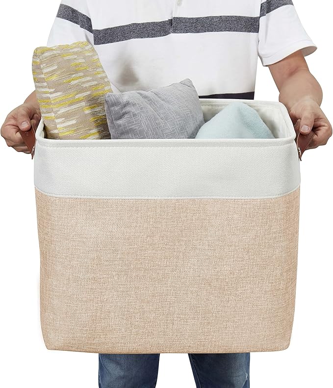 DECOMOMO Extra Large Storage Baskets 54.5L Fabric Storage Bins for Organizing Linen Closet, Toys, Nursery (Beige and White, XXXL - 3 pack)-Ruum Studio Home