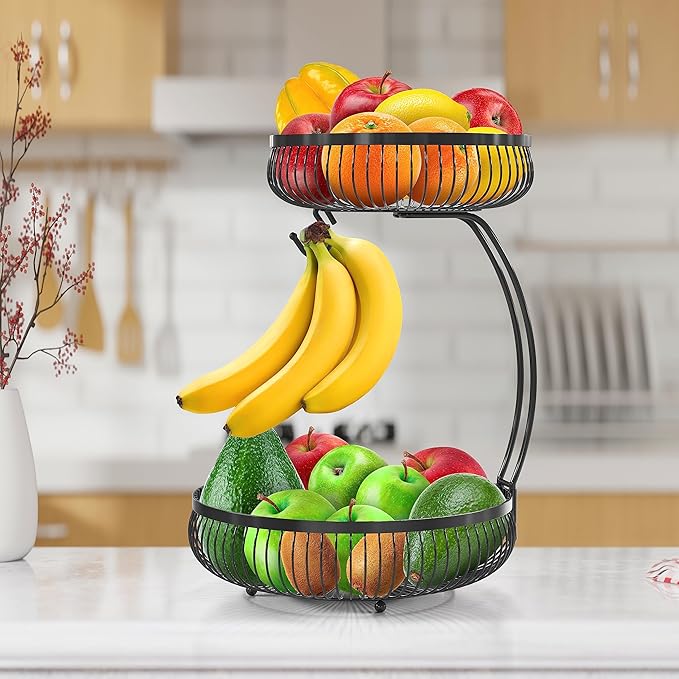 Simple Houseware 2-Tier Countertop Fruit Basket with Banana Hanger, Black-Ruum Studio Home