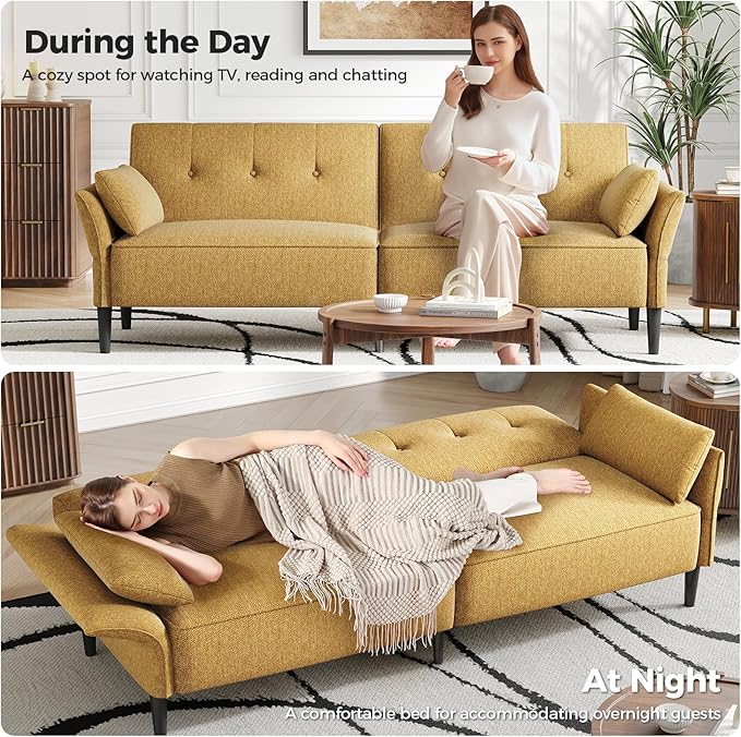 89” Futon Sofa Bed, Linen Comfy Futon Couch Bed with 2 Square Pillows, Convertible Sleeper Sofa with Adjustable Backrest& Armrests, Modern Loveseat Sleeper for Living Room, Bedroom, Yellow-Ruum Studio Home