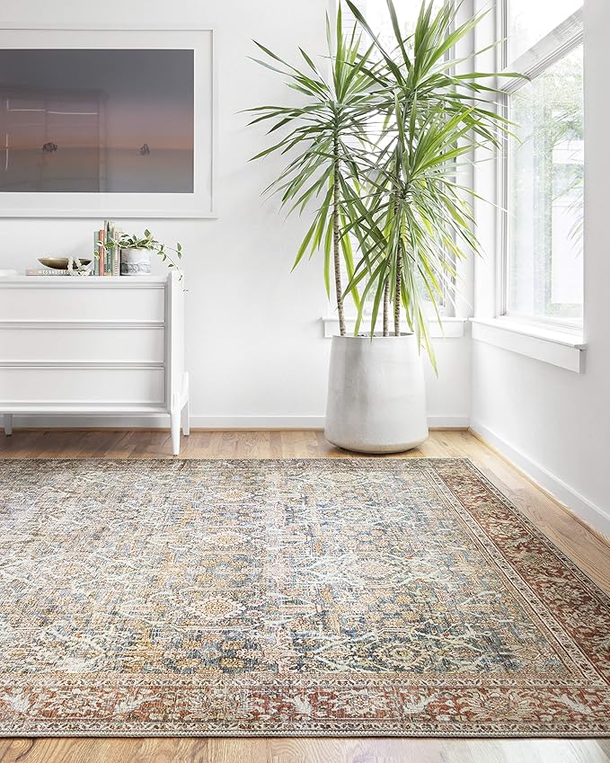 Loloi Layla Collection LAY-04 Ocean/Rust 2'-6" x 9'-6" .13" Thick Runner Rug, Soft, Durable, Vintage Inspired, Distressed, Low Pile, Non-Shedding, Easy Clean, Printed, Living Room Rug-Ruum Studio Home