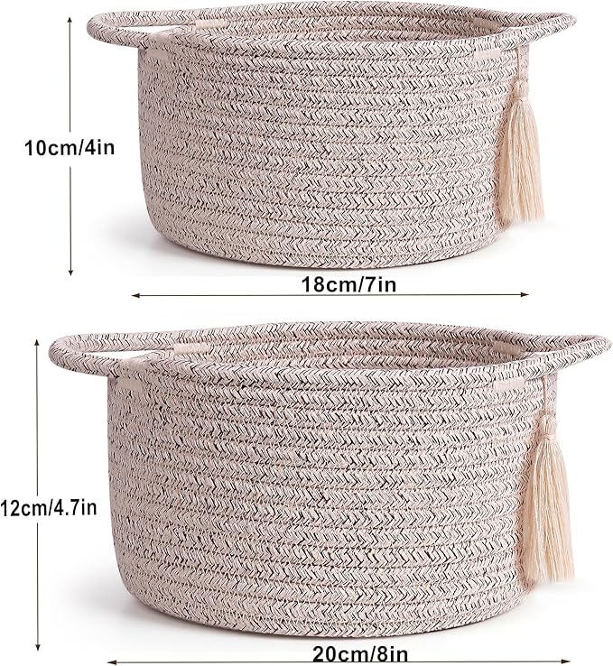 Small Soft Organizer Baskets，Decorative Mini Round Woven Rope Storage Bin Empty Gift Baskets for Man，Office, Desk Decor, Gifting, Kids, Toys, Pre Shaped, Brown, 2 Pack-Ruum Studio Home