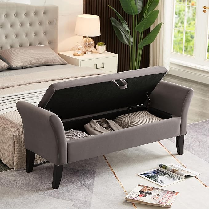 Furniliving 51” Bedroom Bench, End of Bed Bench with Button-Tufted Large Upholstered Storage Bench Ottoman Velvet Window Bench with Storage Shoe Cabinet Bench, for Bedroom, Entryway, Closet, Grey-Ruum Studio Home