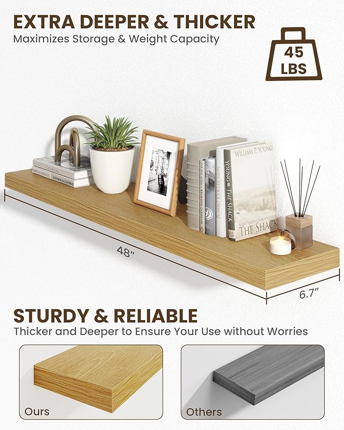 Marsmiles 48" Floating Shelves for Wall, Wooden Shelves with Invisible Brackets Set of 2, Rustic Farmhouse Wall Mounted Shelf for Kitchen Bathroom Living Room Study, Natural Oak-Ruum Studio Home