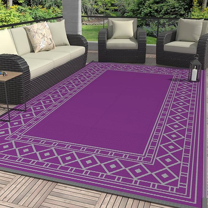 GENIMO Outdoor Rug Waterproof 6'x9' for Patio, Foldable Reversible Plastic Straw Carpet for Travel Trailers, Outside Area Mat for Rv, Deck, Picnic, Porch, Camper, Balcony, Beach, Purple & Grey-Ruum Studio Home