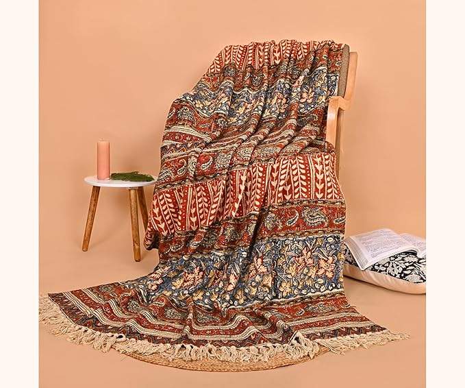 Handmade Cotton Floral Throw Blanket | Indian Block Print with Tassels | Boho Fringed Sofa & Bed Cover | 48x70 Inches Lightweight Decorative Throw for Couch, Living Room & Bedroom-Ruum Studio Home