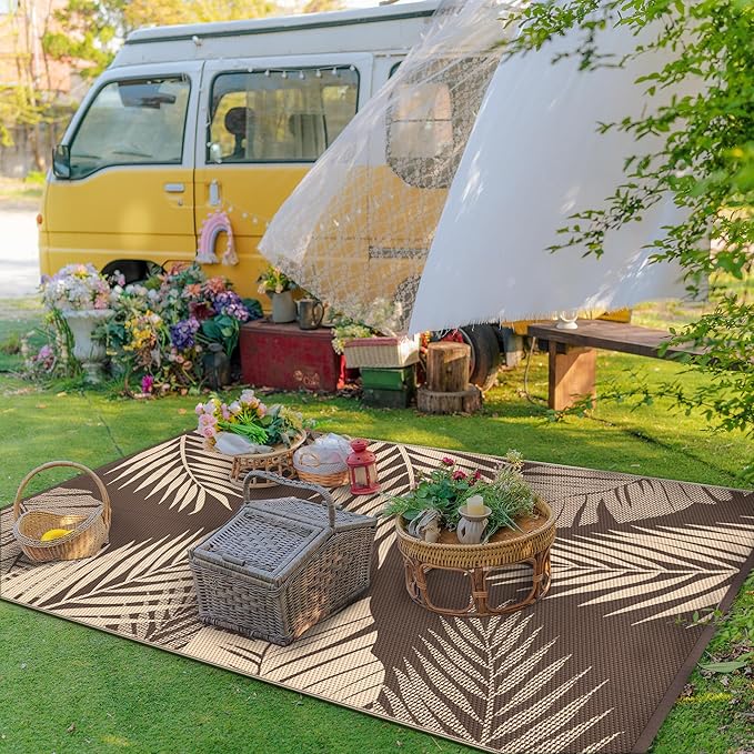GENIMO Outdoor Rug 4' x 6' Waterproof for Patios Clearance, Reversible Outdoor Plastic Straw Camping Rug Carpet, Large Area Rugs Mats for RV, Camper, Deck, Balcony, Porch, Beach, Coffee&Beige-Ruum Studio Home