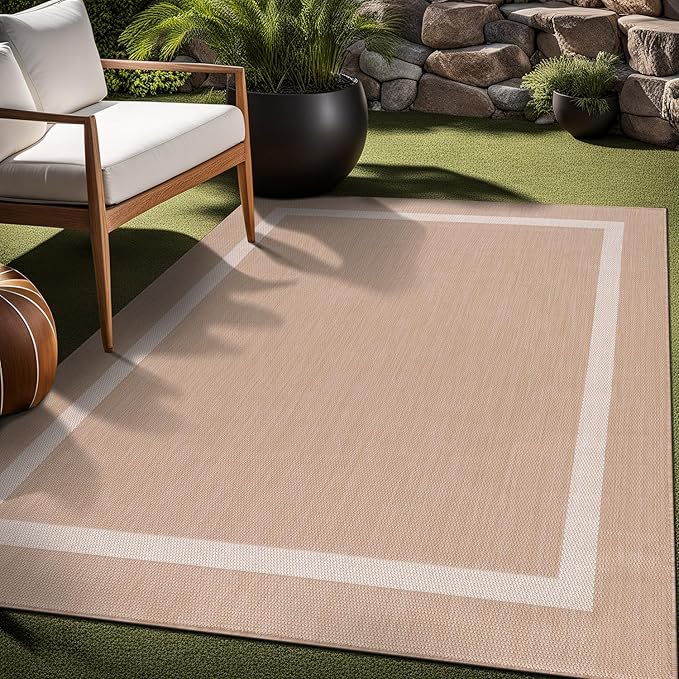 Bordered Outdoor Rug 9x12 Washable Outside Carpet for Indoor Patio Porch Waterproof Easy Cleaning Non Shedding Area Rugs Beige 9 x 12-Ruum Studio Home