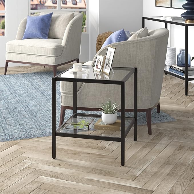 Henn&Hart 20" Wide Square Side Table with Glass Shelf in Blackened Bronze, Table for Living Room, Bedroom-Ruum Studio Home