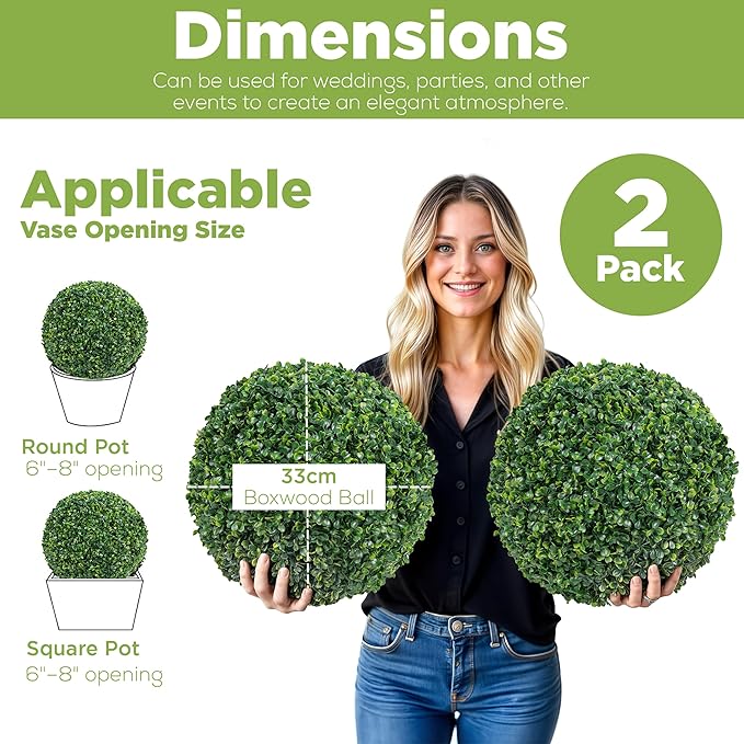 DRAY Premium 13" Faux Boxwood Balls – Set of 2 Artificial Topiary Spheres for Outdoor & Indoor Use – Realistic, UV-Resistant, Weatherproof Decorative Greenery – Check Measurements-Ruum Studio Home