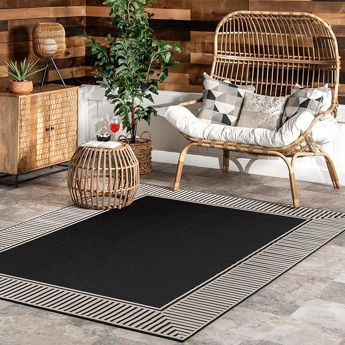 nuLOOM 5' x 8' Outdoor Area Rug, Casual Design With Striped Border, Stain Resistant, Highly Durable, For Patio, Balcony, Bedroom, Living Room, Dining Room, Bathroom, Black-Ruum Studio Home
