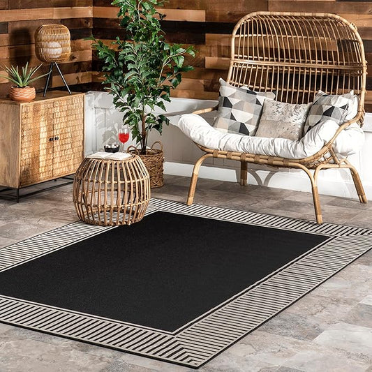 nuLOOM 5' x 8' Outdoor Area Rug, Casual Design With Striped Border, Stain Resistant, Highly Durable, For Patio, Balcony, Bedroom, Living Room, Dining Room, Bathroom, Black-Ruum Studio Home