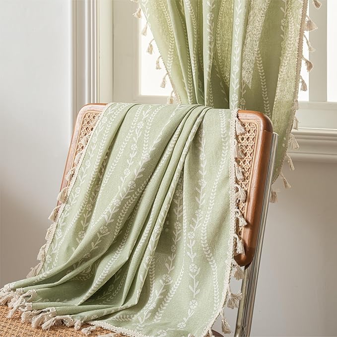 Sutuo Home Boho Curtains 63 Inches Length for Kitchen Doorway Cafe Dining Room, Vintage Tassels Window Treatment Drape for Xmas Decorations Rod Pocket, 1 Panel 59" W x 63" L,Green Stripe Floral-Ruum Studio Home