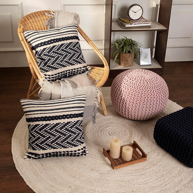 REDEARTH Round Pouf Ottoman - Hand Knitted Boho Poof Home Décor Pouffe Circular Footrest for Living Room - Bedroom - Lounge - 100% Cotton (19.5"x19.5"x14") - Pale Pink-Ruum Studio Home