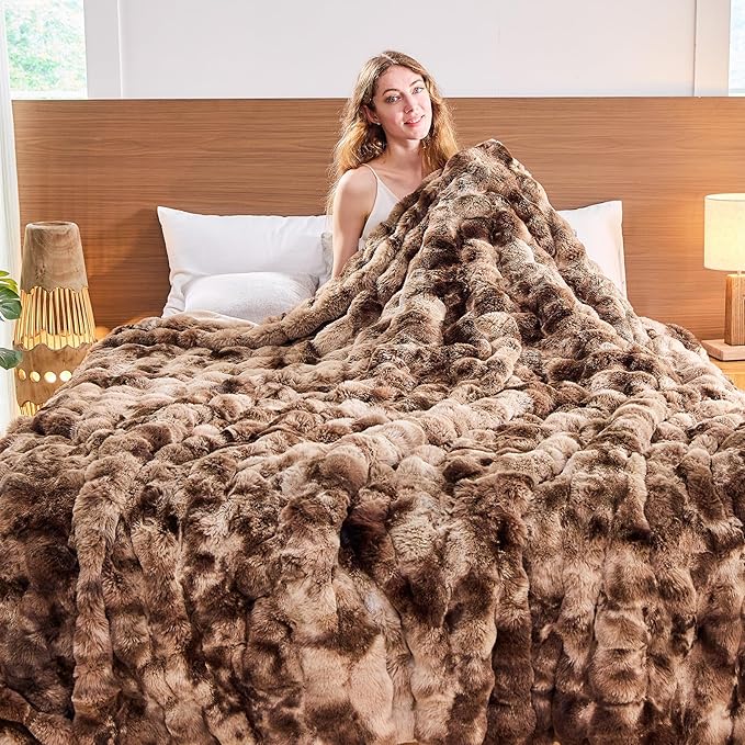 Lotus Karen Faux Fur Throw Blanket Tie-Dye Dark Coffee - Big Bubble Rabbit Fluff Blanket for Couch, Large Fluffy Fuzzy Cozy Blanket,Thick Furry Plush Shaggy Blankets,90x90 Inches-Ruum Studio Home