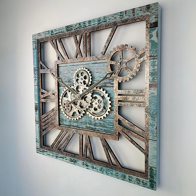The Gears Clock 24'' Inch Square Real Moving Gear Wall Clock Vintage Industrial Oversized Rustic Farmhouse (Aqua Green)-Ruum Studio Home